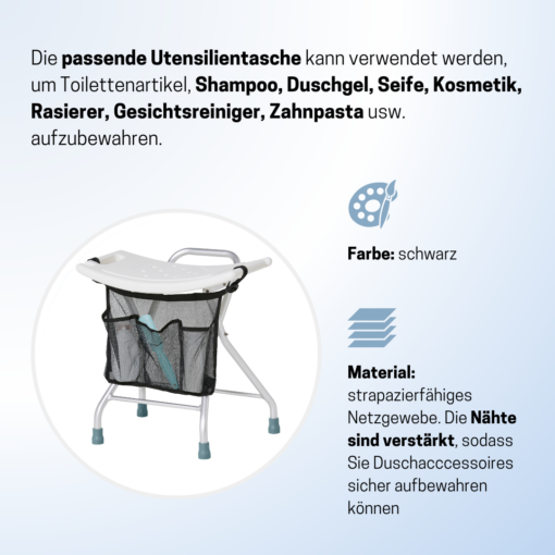 Rutschfester Duschhocker | mit Brausehalter | mit/ohne Utensilientasche | klappbar – Bild 9